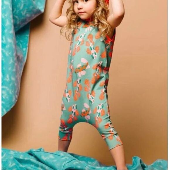RAGS Orange Blue Koi Fish Hooded Tank Sleeveless Stretchy Romper sz 6-12 months
